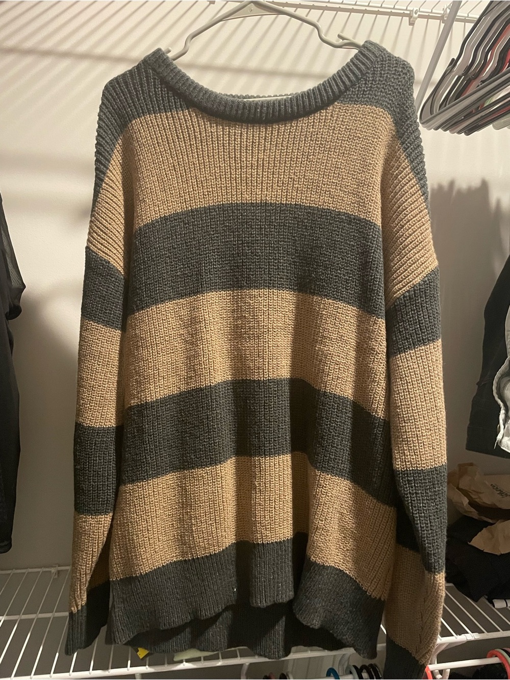 Striped Knit Sweater in Tan and Charcoal